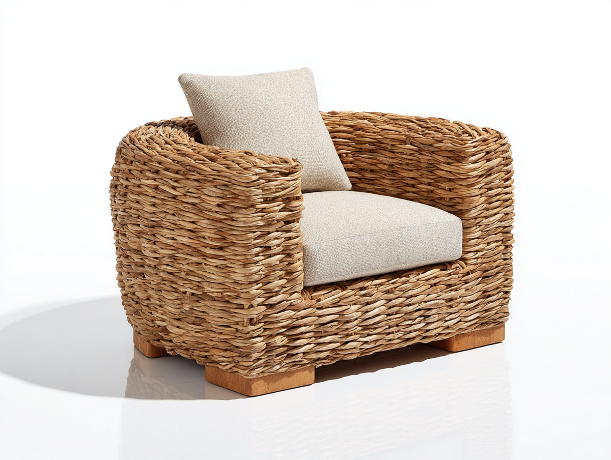 Polyrattan Gartensessel Polyrattan 88x86x82 cm - Naturbraun-Beige - Gepolsterter Gartensessel mit geschwungenen Armlehnen