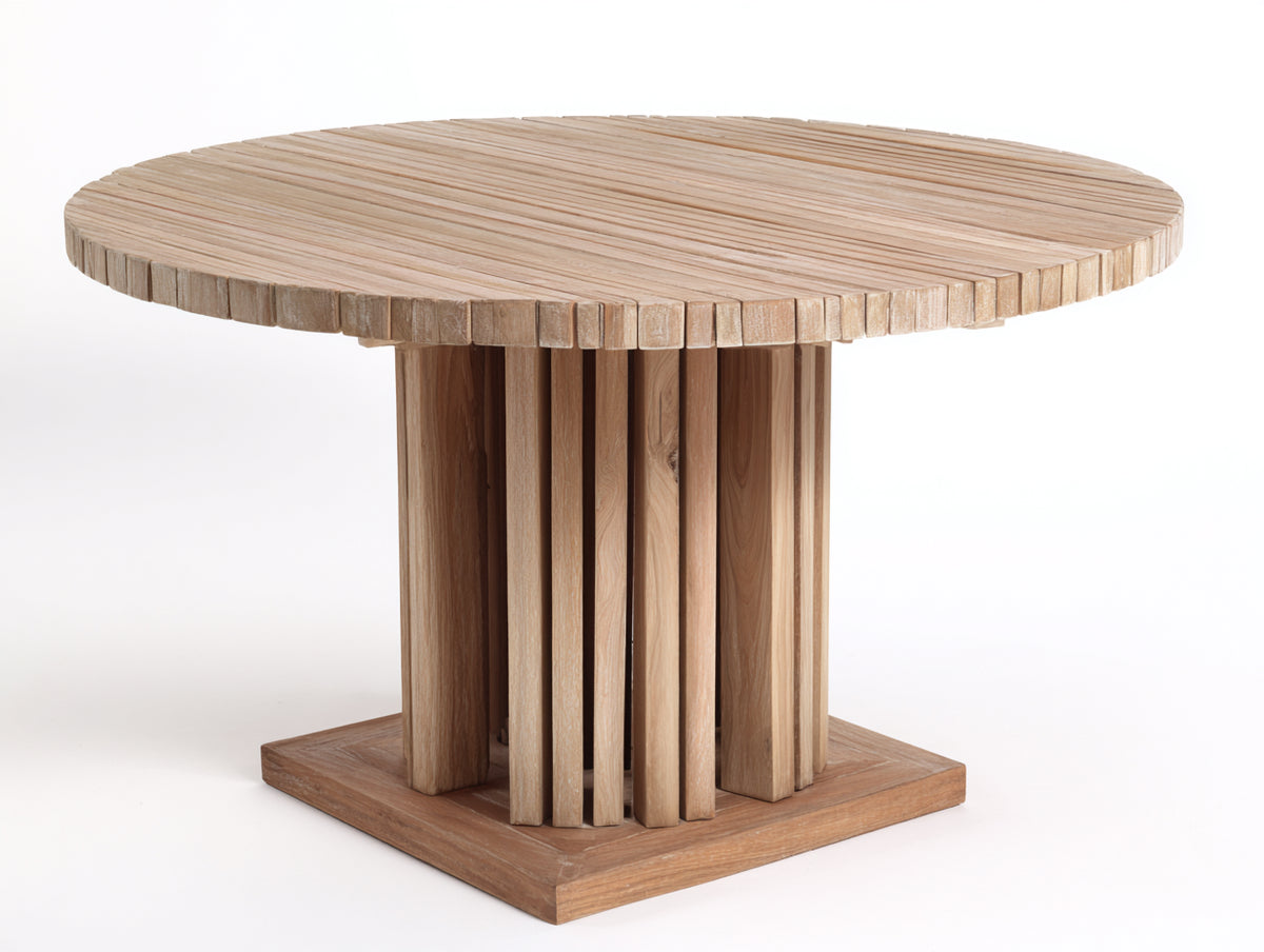 Gartentisch Holz 120x120x76 cm - Naturholz - Runder Gartentisch mit Lamellenplatte und zentralem Säulenfuß