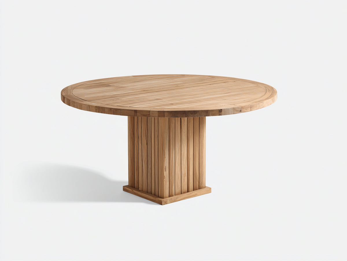 Gartentisch Holz 120x120x76 cm - Naturholz - Runder Gartentisch mit Lamellenplatte und geradem Säulenfuß