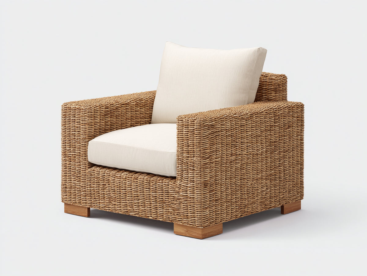Polyrattan Gartensessel Polyrattan 84x82x84 cm - Naturbraun-Cremeweiß - Gepolsterter Gartensessel mit breiten Armlehnen