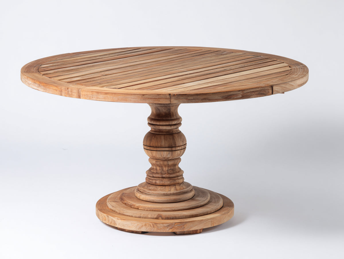 Gartentisch Holz 120x120x76 cm - Naturholz - Runder Gartentisch mit Lamellenplatte und gedrechseltem Säulenfuß