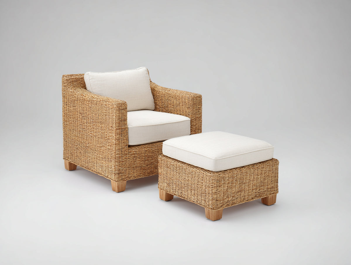 Polyrattan Gartensessel Polyrattan 82x80x84 cm - Naturbraun-Cremeweiß - Gartensessel mit passendem Fußhocker