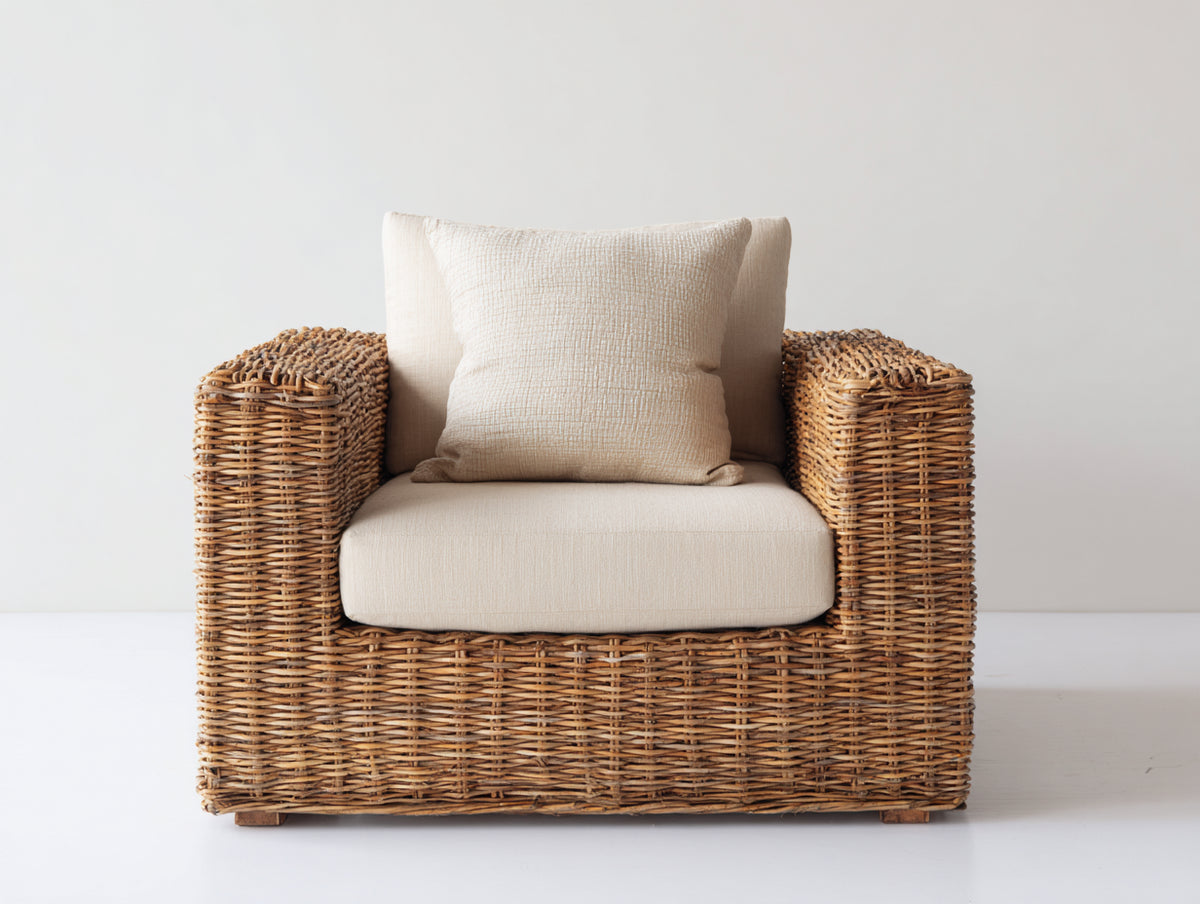 Polyrattan Gartensessel Polyrattan 86x84x82 cm - Naturbraun-Cremeweiß - Gepolsterter Gartensessel mit breiten Armlehnen