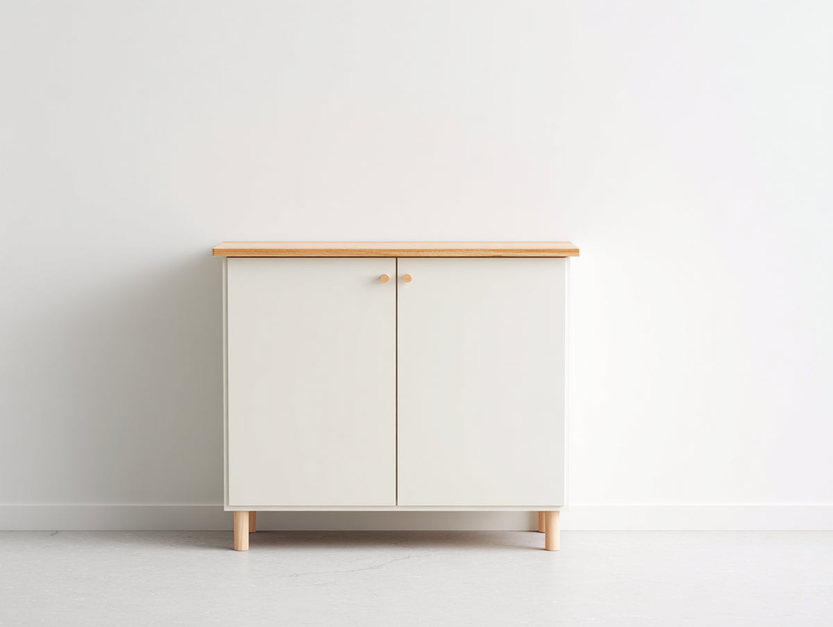 Sideboards Holz 105x42x90 cm - Cremeweiß-Naturholz - Kompaktes Sideboard mit 2 Türen und Holzplatte