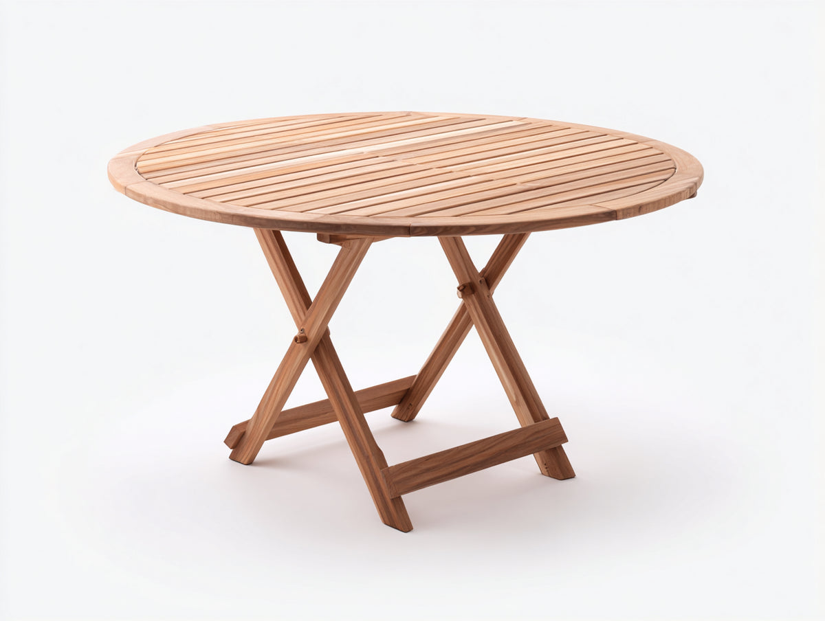 Gartentisch Holz 120x120x76 cm - Naturholz - Runder Gartentisch mit Lamellenplatte und Kreuzgestell