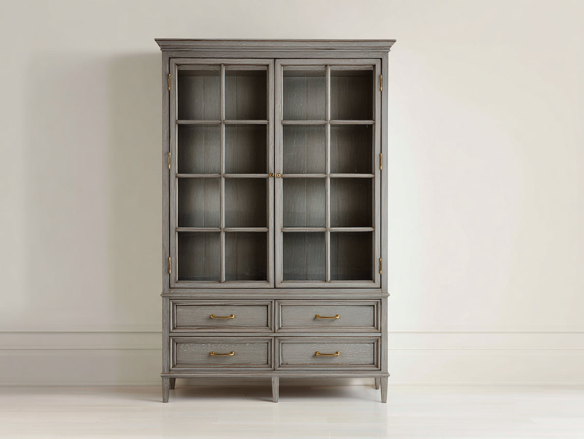 Bücherregal 100x40x180 cm - Holz und Glas - grau - klassisches Design mit Türen und Schubladen